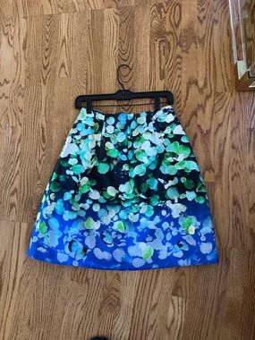 Oscar de la Renta Blue & Green Floral A-Line Skirt